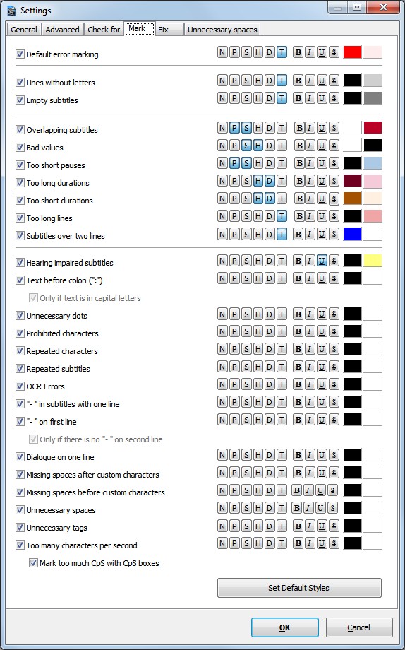 Error Settings Mark Window Error Settings Mark